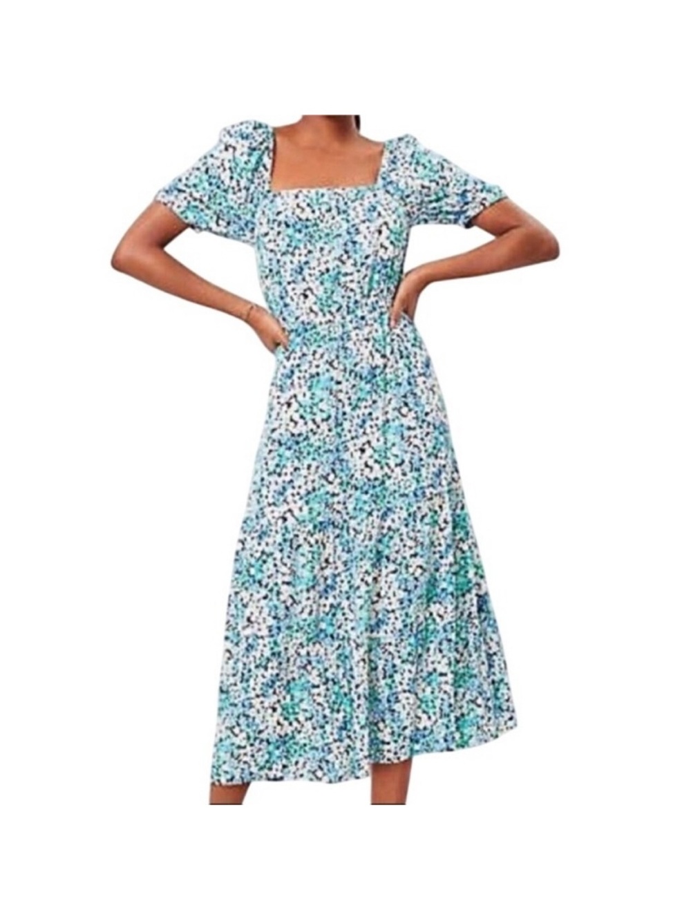LOFT Floral Puff-Sleeve Midi Dress in Blue & Green